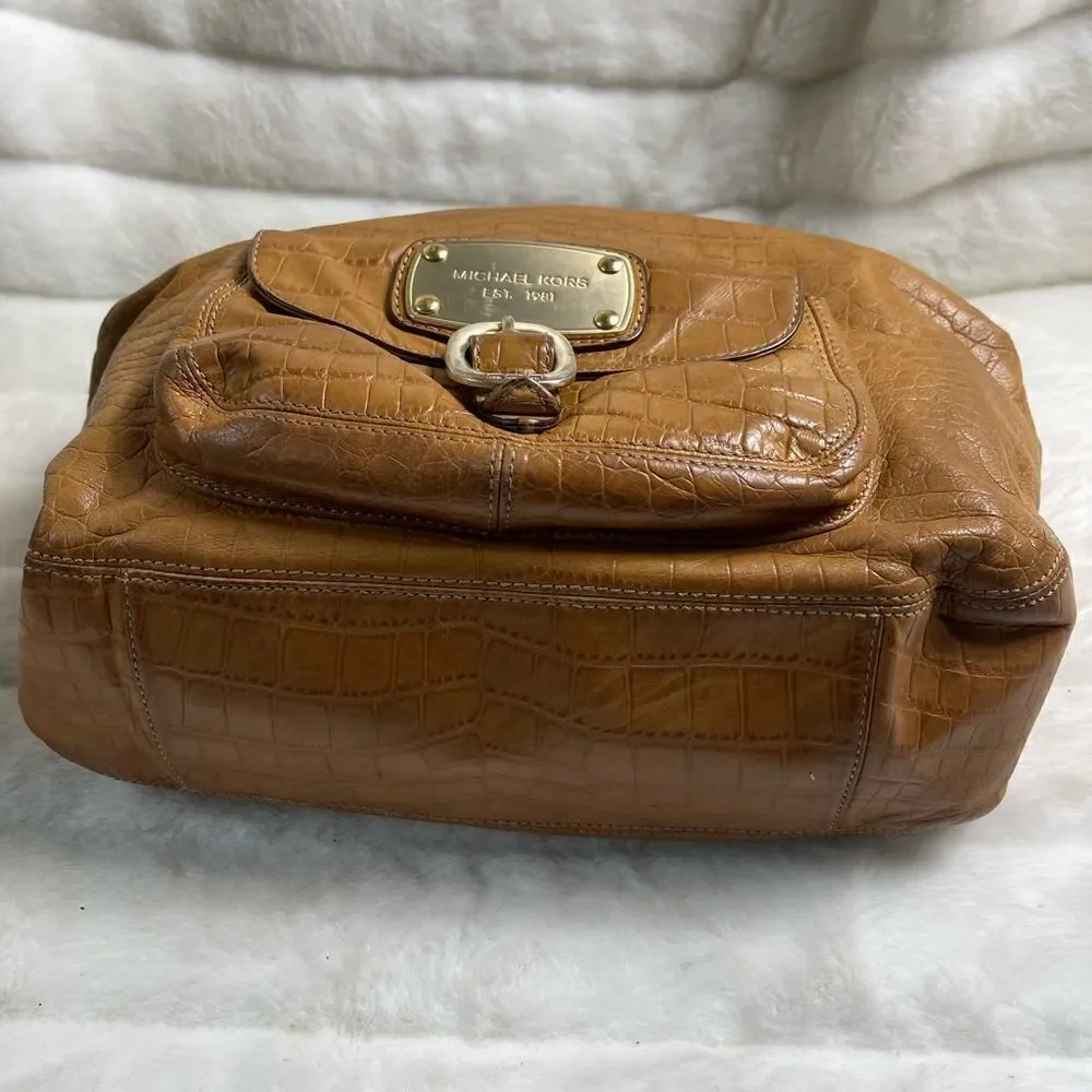 Michael Kors Tan leather crocs embossed shoulder bag with gold tone hard…